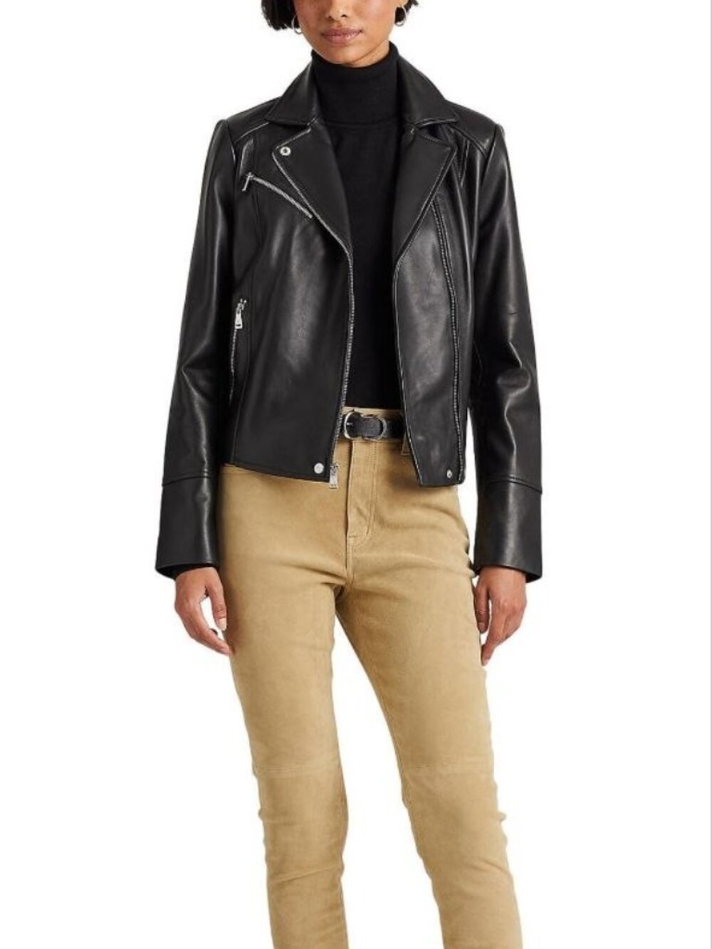 $520 Lauren Ralph Lauren  Asymmetric Leather Moto Jacket Size L